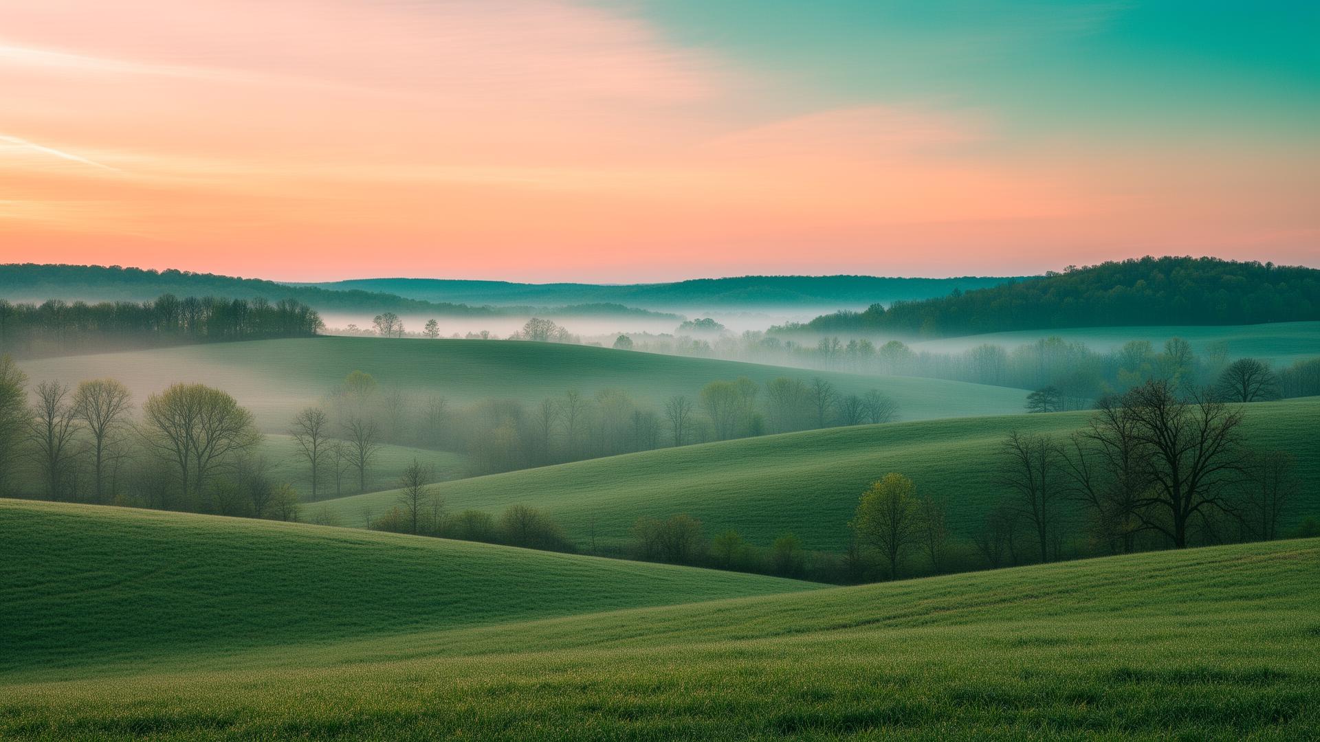 Rolling green hills of southeastern Ohio at sunrise