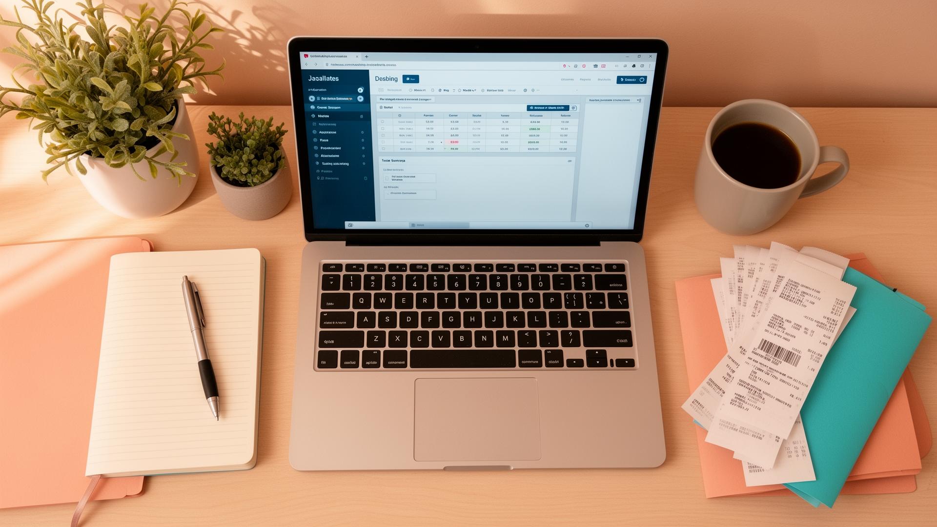 A small business workspace with laptop, notebook, and organized receipts